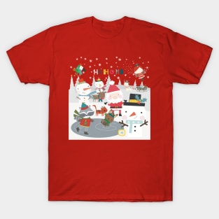 Fun greeting card with Santa and friends having a Christmas party outside T-Shirt